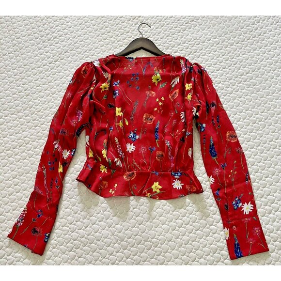 NWOT The Kooples Pleated Red Floral Cropped Top Blouse Size 1 Long Sleeve - Picture 7 of 12